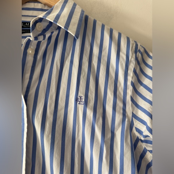 Lauren Ralph Lauren Blue Jamelko Stipe Cotton Logo Shirt Stretch Non Iron - Picture 7 of 10